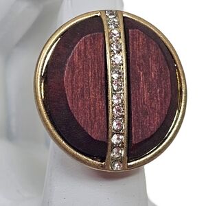 RARE Vintage 70s Wood & Rhinestone Modernist Cocktail Ring Size 6.75 | Gold Tone